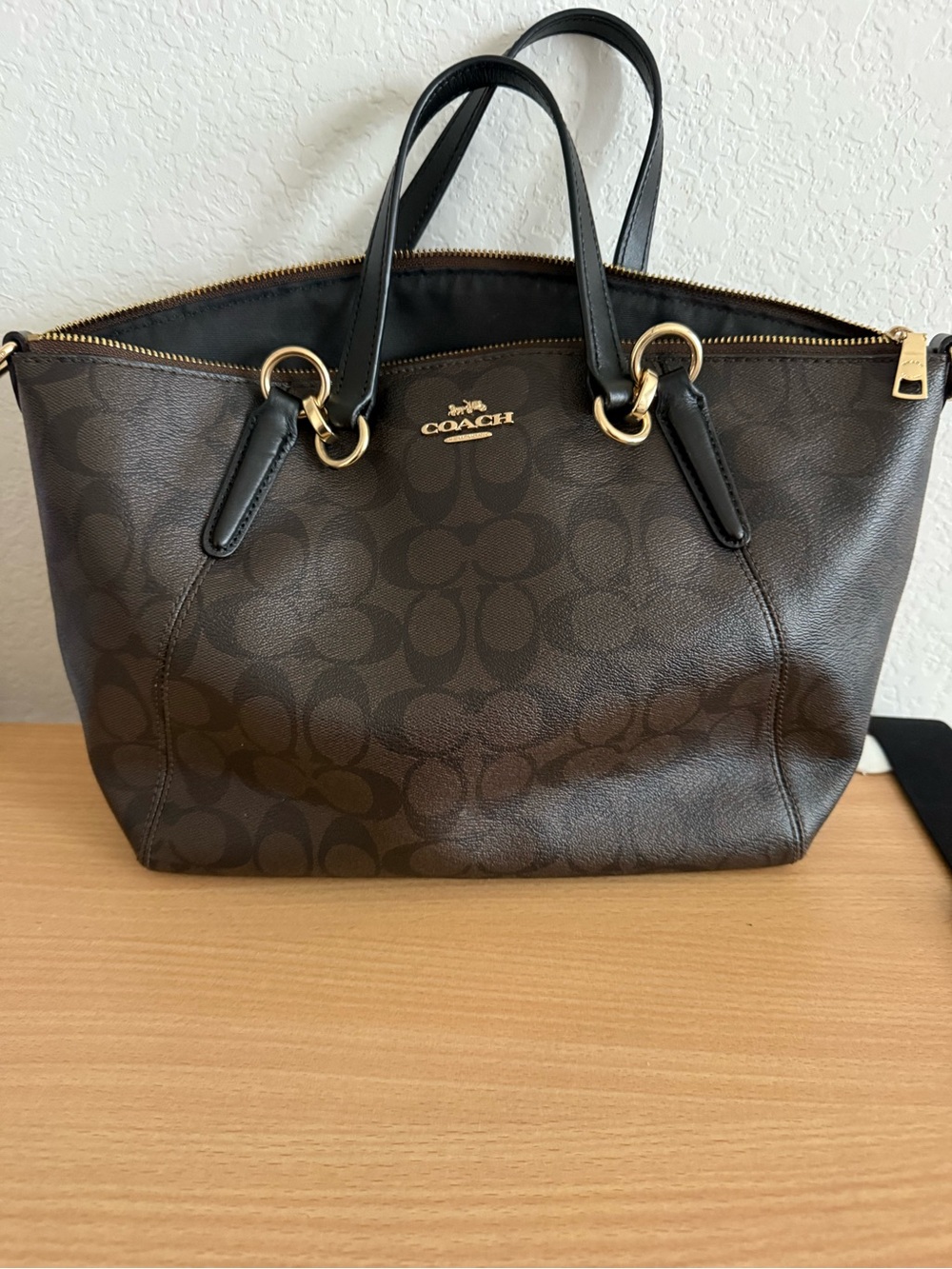 COACH Kelsey Dark Brown Signature Canvas Tote with Black Leather Trim